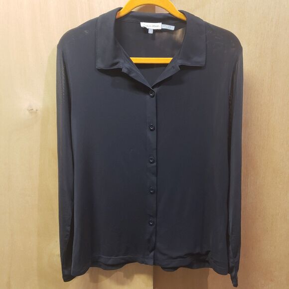 CALVIN KLEIN WOMEN'S BLACK SHEER BUTTON SHIRT SZ L
LONG SHEER SLEEVES - Picture 3 of 6